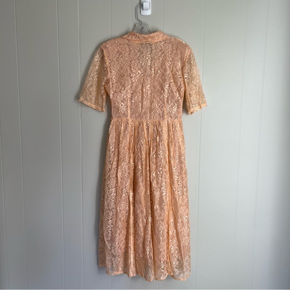 Vintage 90s Passports Pier 1 Pink Lace Midi Dress Medium Cottagecore Dainty - Picture 7 of 15